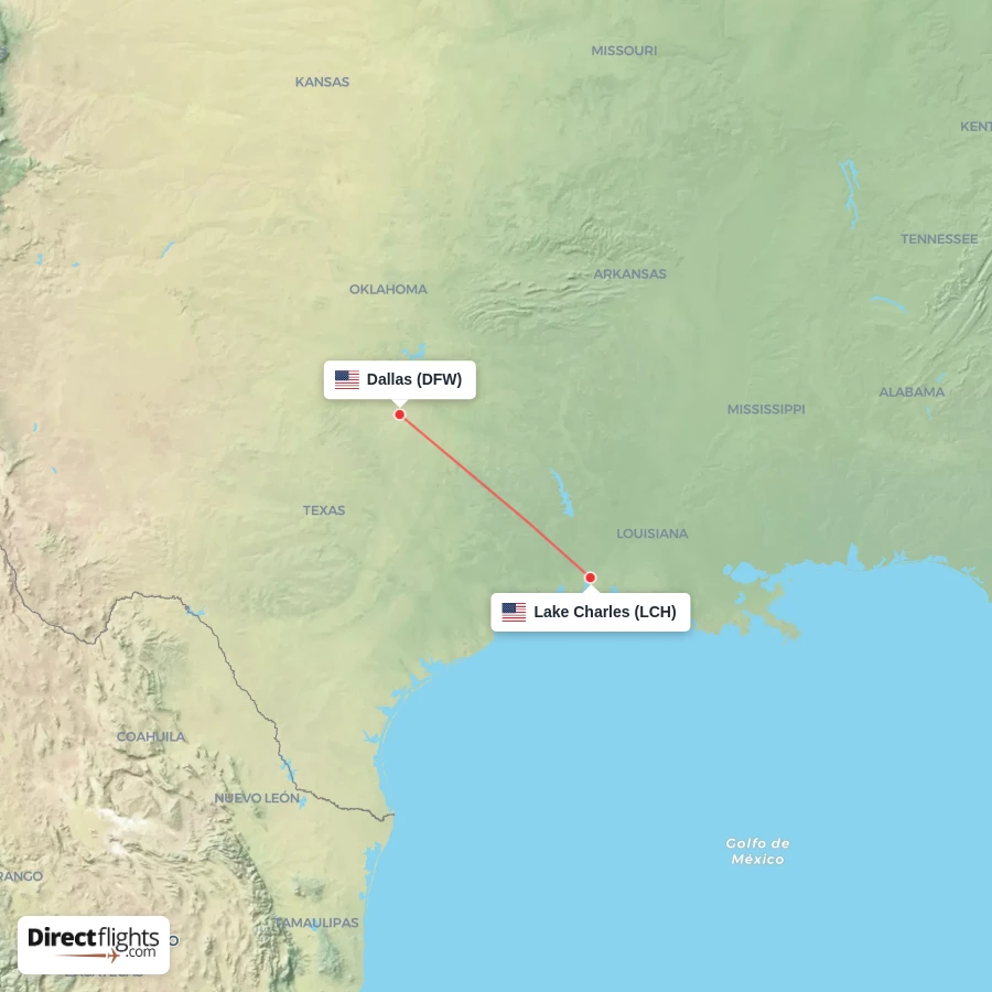 LCH - DFW route map