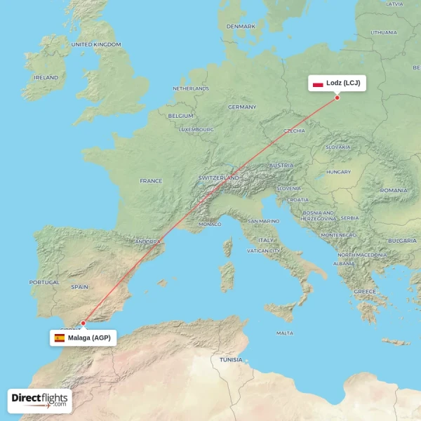 Lodz - Malaga direct flight map