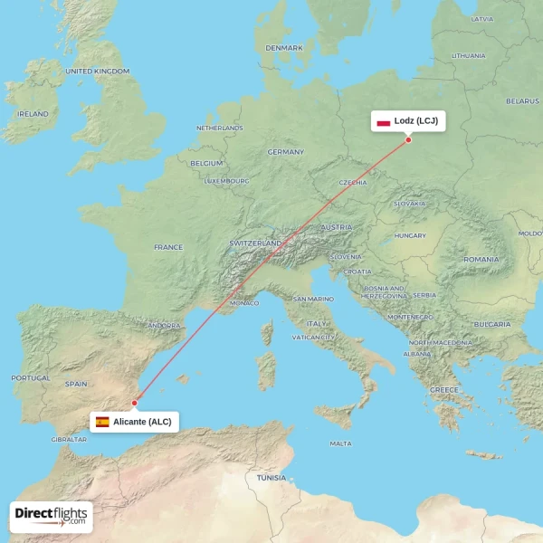 Lodz - Alicante direct flight map