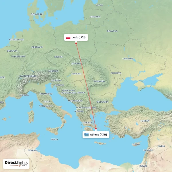 Lodz - Athens direct flight map