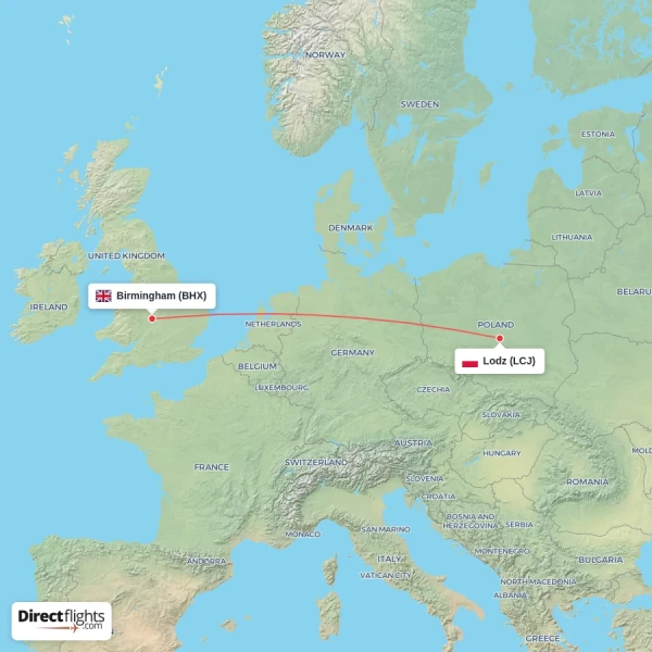 Lodz - Birmingham direct flight map