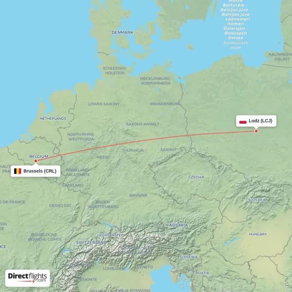 Lodz - Brussels direct flight map