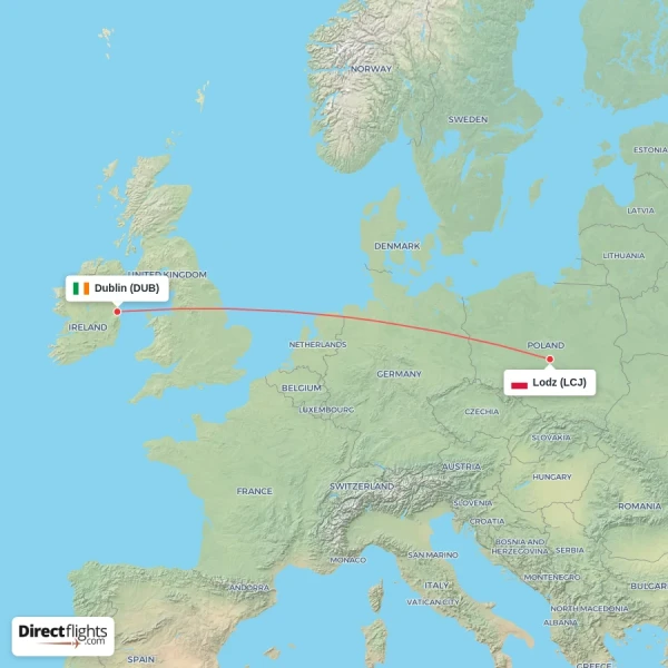 Lodz - Dublin direct flight map