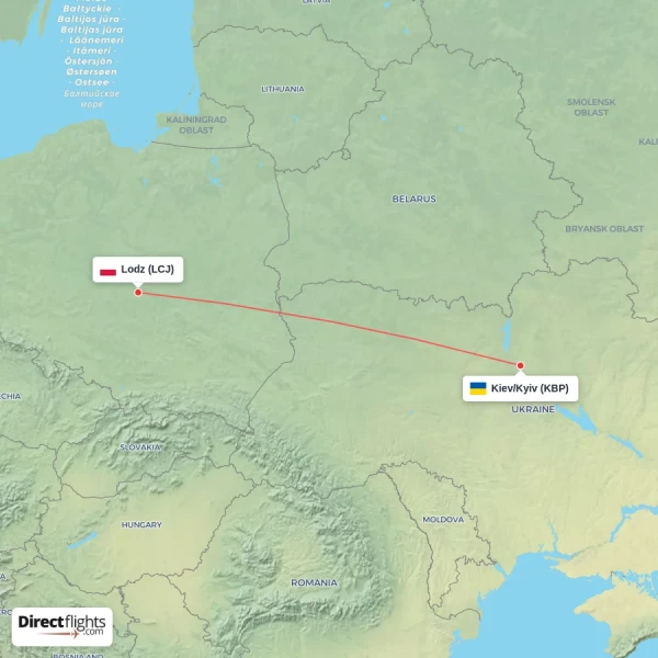 Lodz - Kiev/Kyiv direct flight map