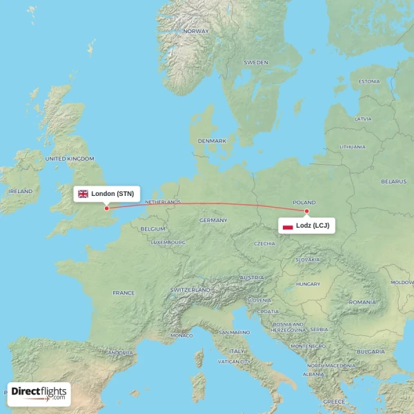 Lodz - London direct flight map