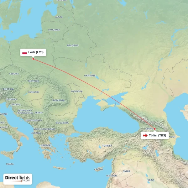 Lodz - Tbilisi direct flight map