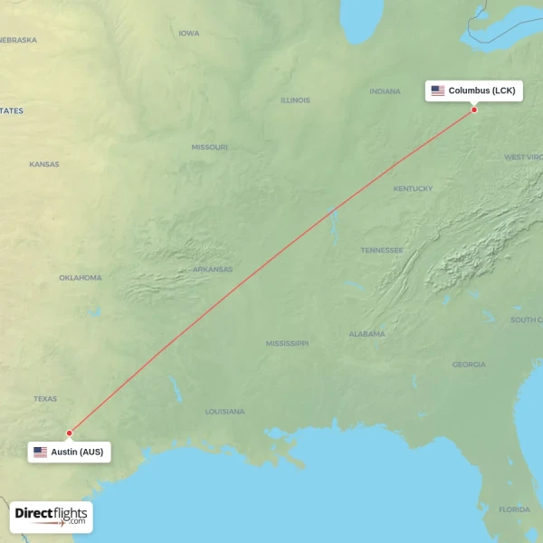 Columbus - Austin direct flight map