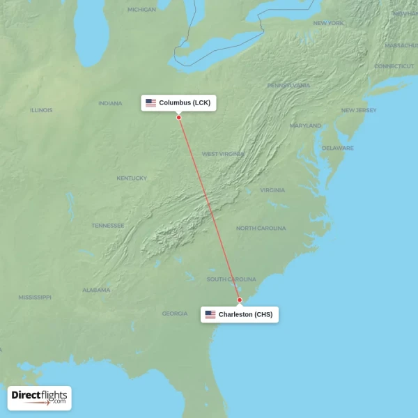 Columbus - Charleston direct flight map