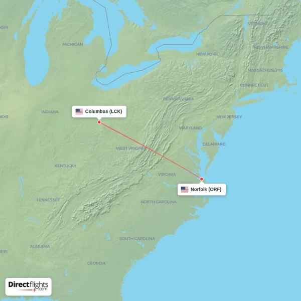 Columbus - Norfolk direct flight map