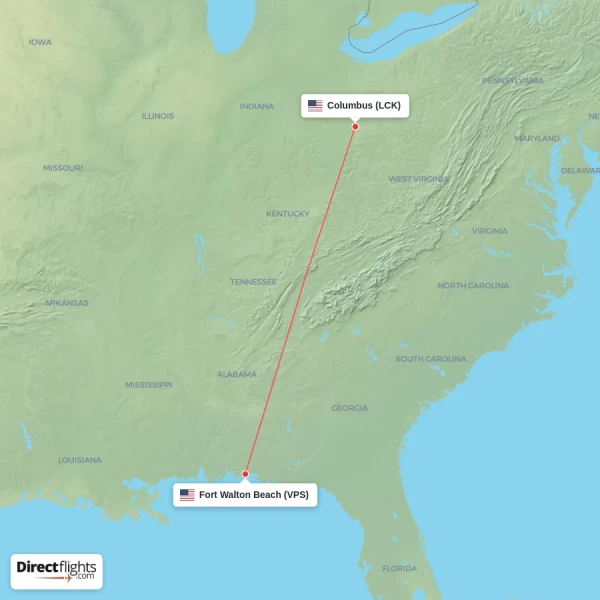 Columbus - Fort Walton Beach direct flight map