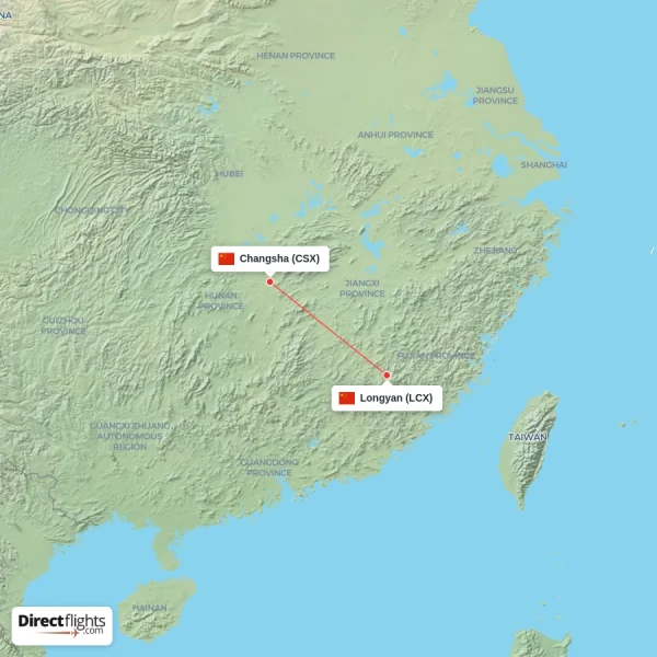 Longyan - Changsha direct flight map