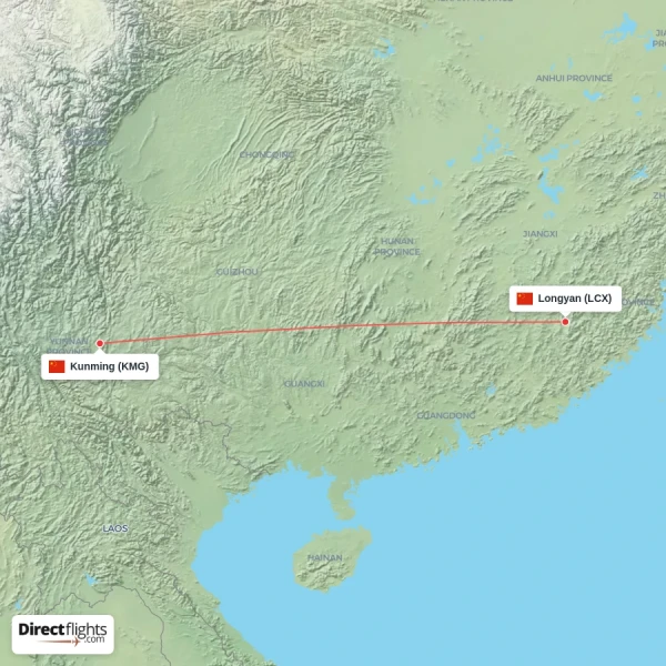 Longyan - Kunming direct flight map