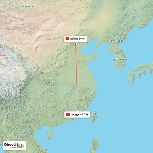 Longyan - Beijing direct flight map