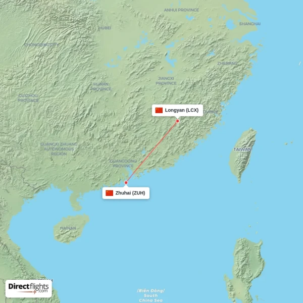 Longyan - Zhuhai direct flight map