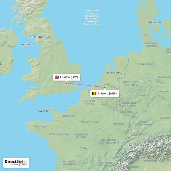 London - Antwerp direct flight map