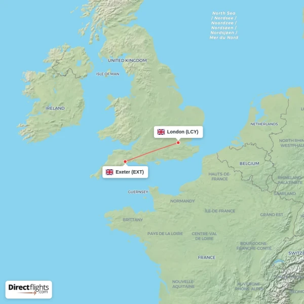 London - Exeter direct flight map