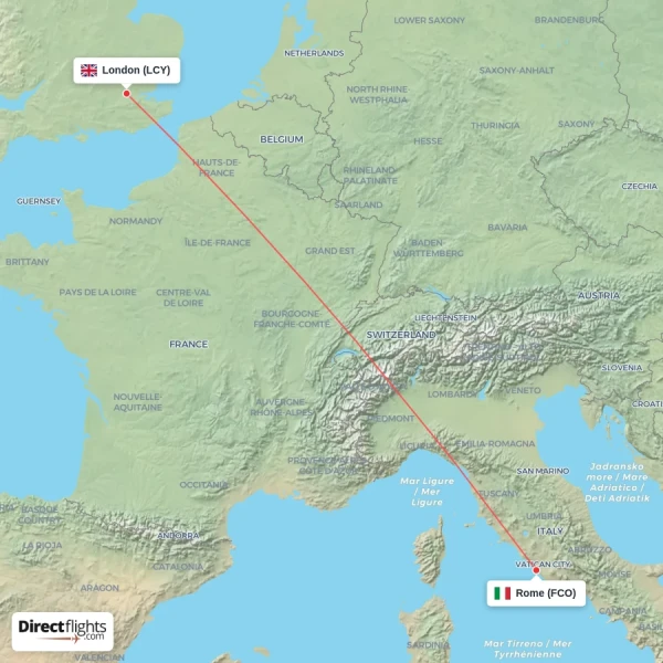 London - Rome direct flight map