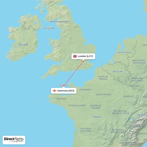 London - Guernsey direct flight map