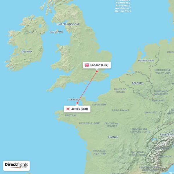 London - Jersey direct flight map
