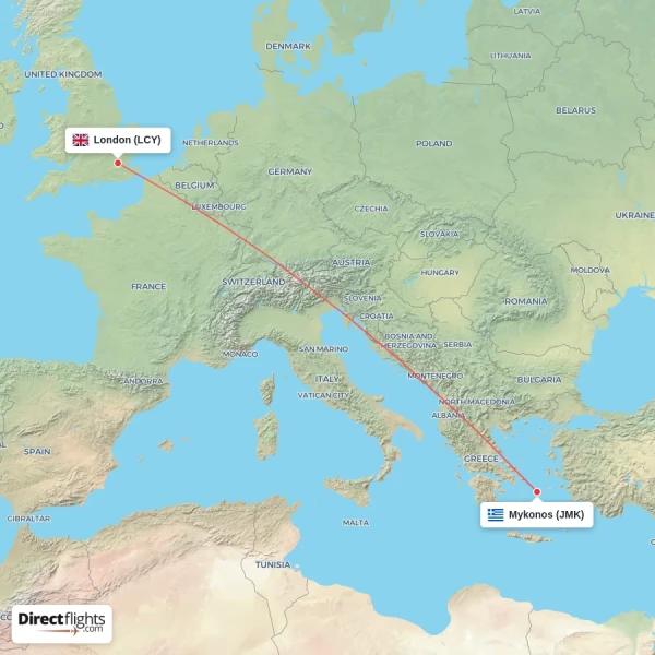 London - Mykonos direct flight map