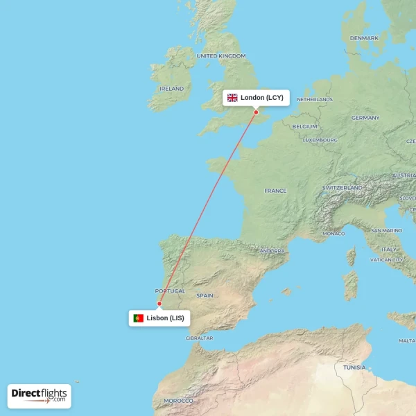 London - Lisbon direct flight map