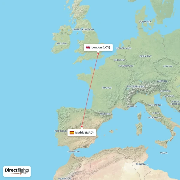 London - Madrid direct flight map