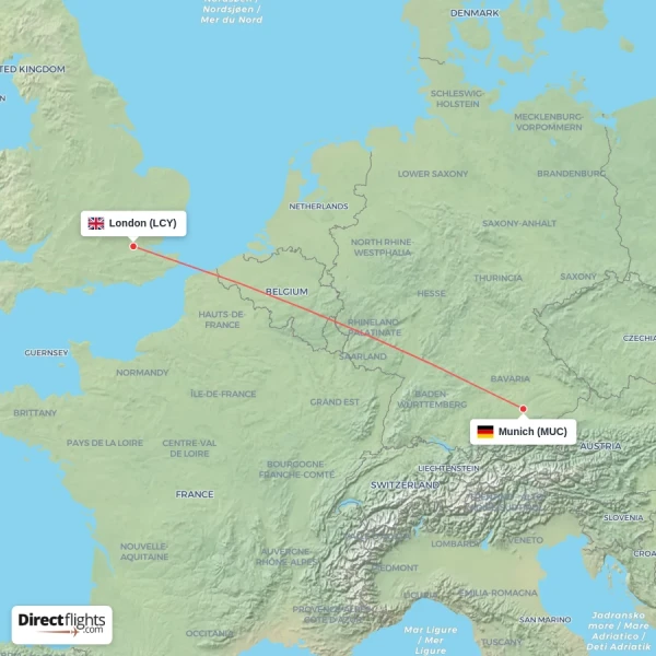 London - Munich direct flight map