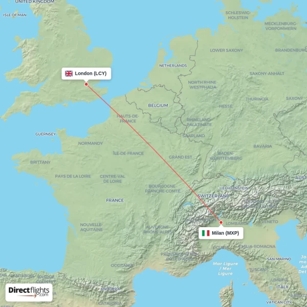 London - Milan direct flight map