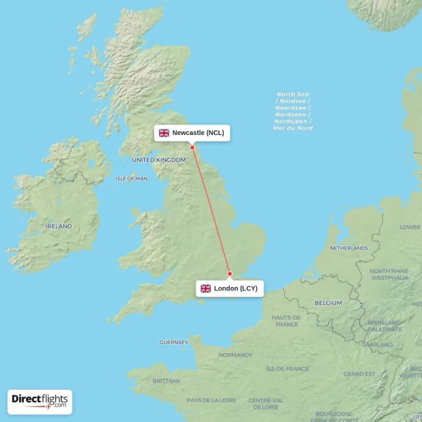 London - Newcastle direct flight map