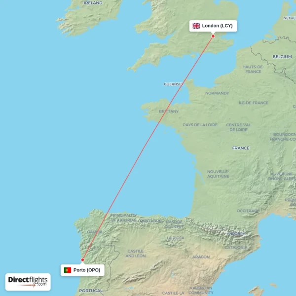 London - Porto direct flight map