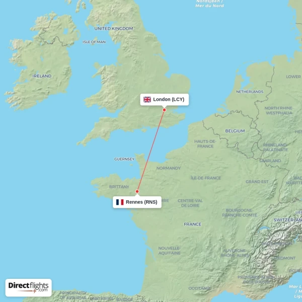 London - Rennes direct flight map