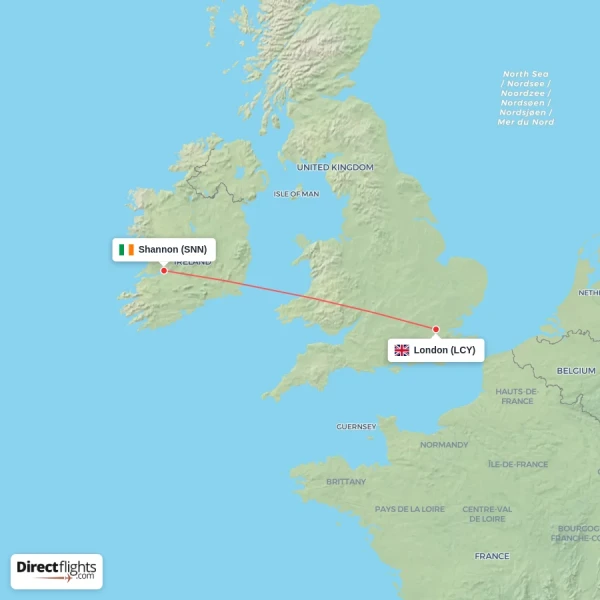London - Shannon direct flight map