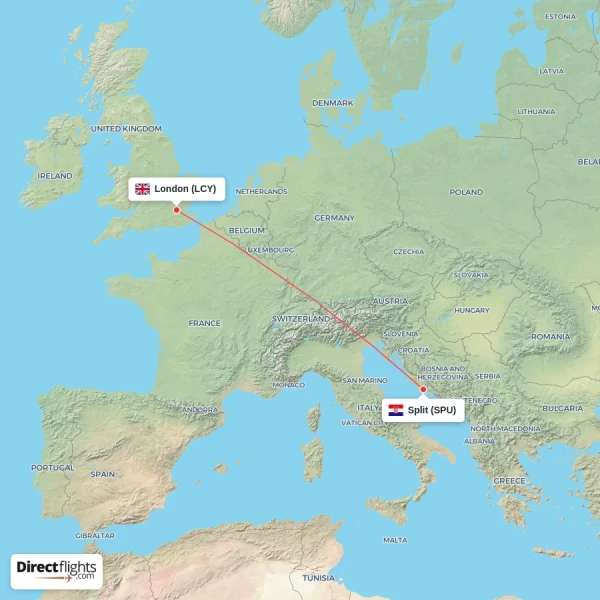 London - Split direct flight map