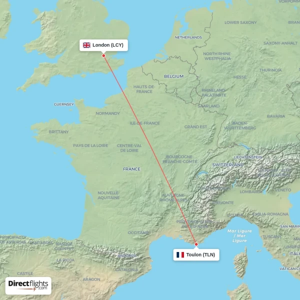London - Toulon direct flight map