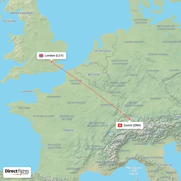 London - Zurich direct flight map