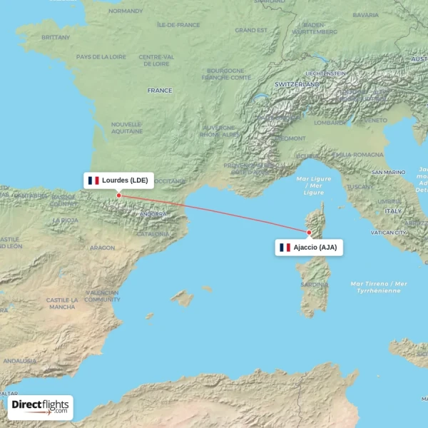 Lourdes - Ajaccio direct flight map