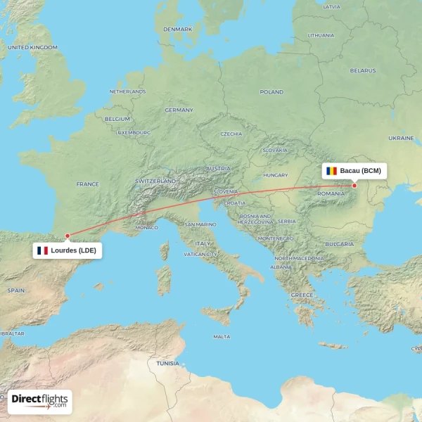Lourdes - Bacau direct flight map