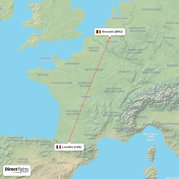 Lourdes - Brussels direct flight map
