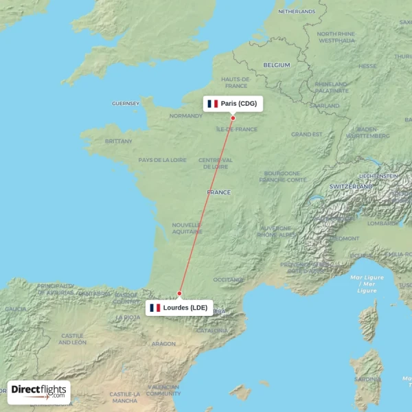 Lourdes - Paris direct flight map