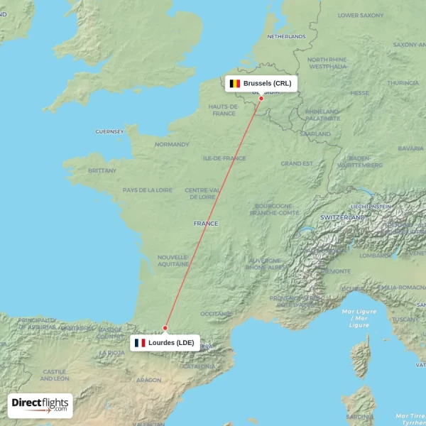 Lourdes - Brussels direct flight map