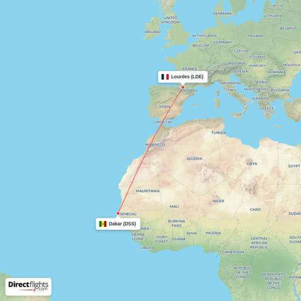 Lourdes - Dakar direct flight map