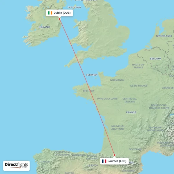 Lourdes - Dublin direct flight map
