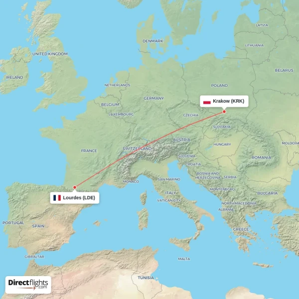 Lourdes - Krakow direct flight map