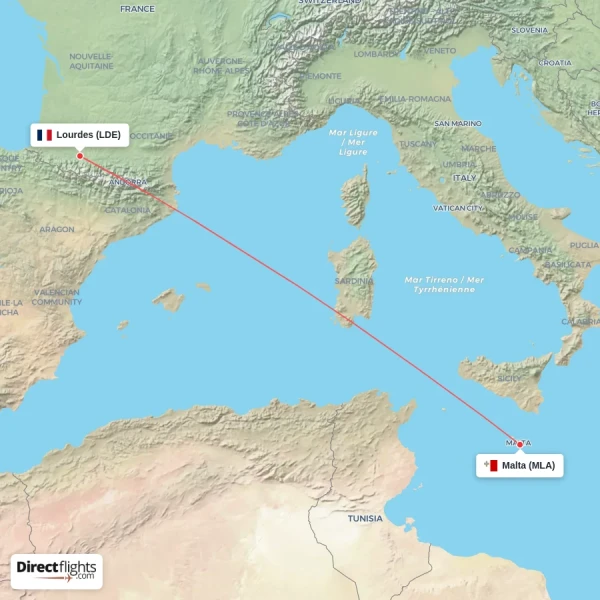 Lourdes - Malta direct flight map