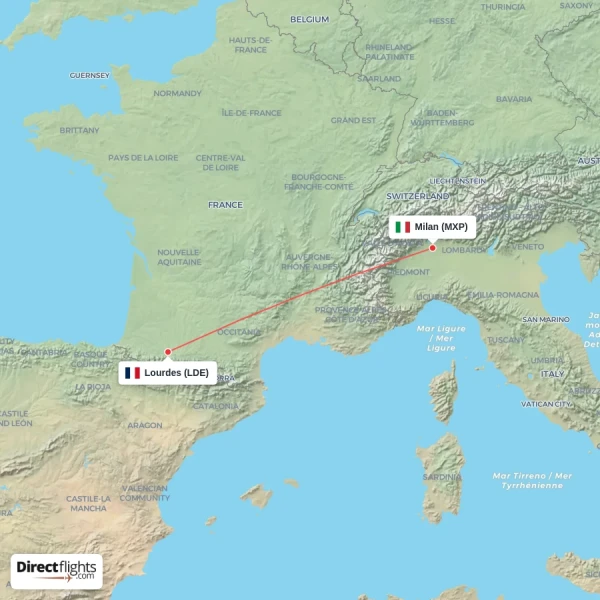 Lourdes - Milan direct flight map