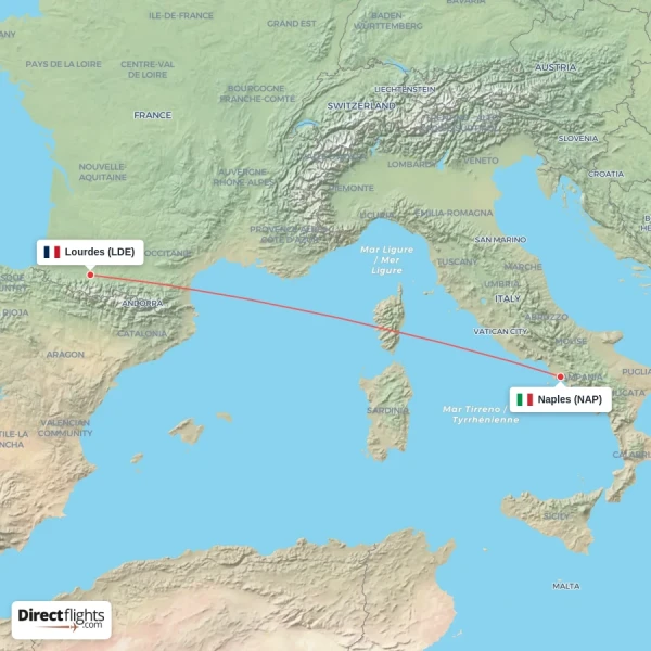 Lourdes - Naples direct flight map
