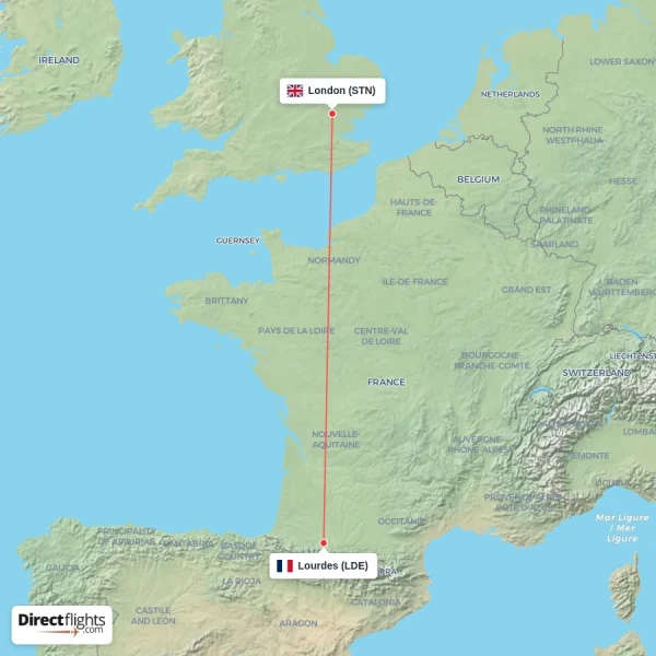 Lourdes - London direct flight map