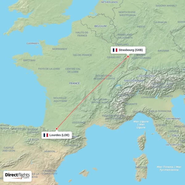 Lourdes - Strasbourg direct flight map