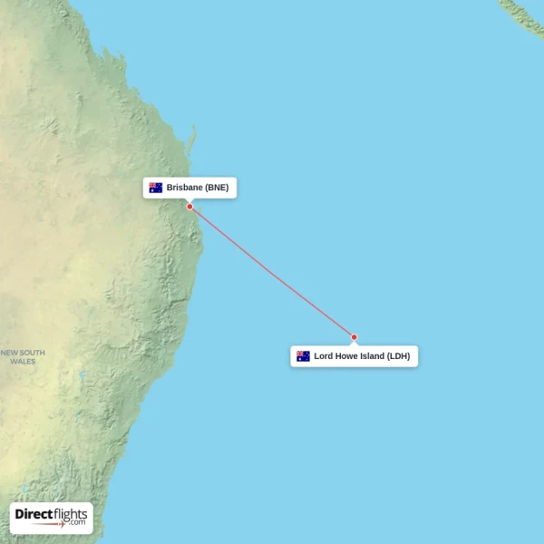 Lord Howe Island - Brisbane direct flight map