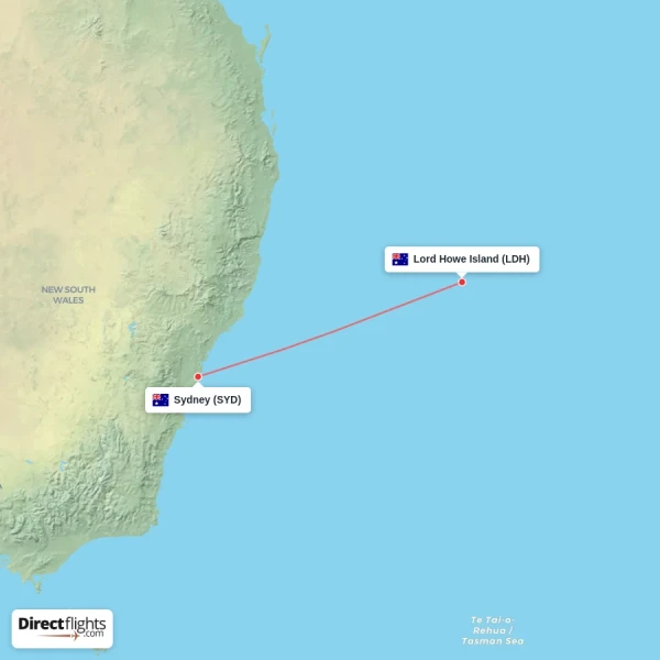 Lord Howe Island - Sydney direct flight map